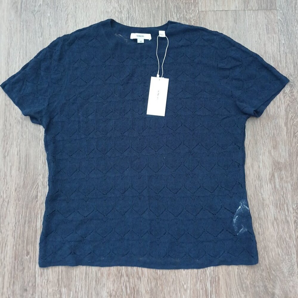 VINCE Navy Fine Lace Short Sleeve Top Size LARGE